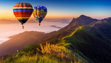Landscape Of Morning Fog And Mountains With Hot Air Balloons At